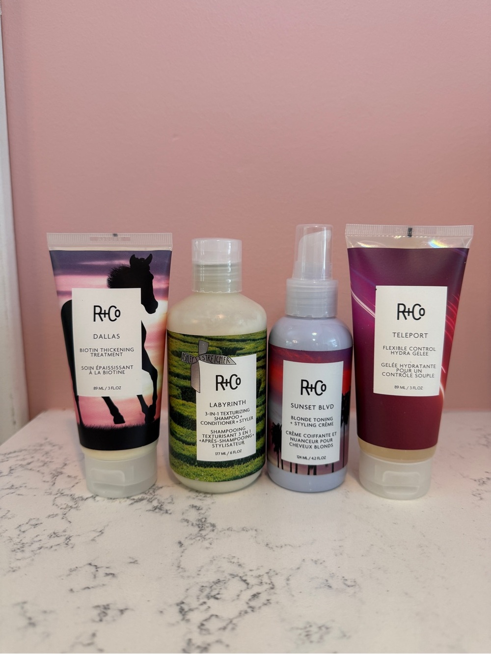 4 R+Co hair products - NEW, unopened - dallas teleport labyrinth sunset blvd